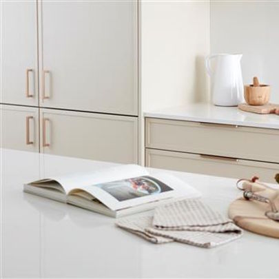 Brackenbury kitchen close up in warm stone painted colours